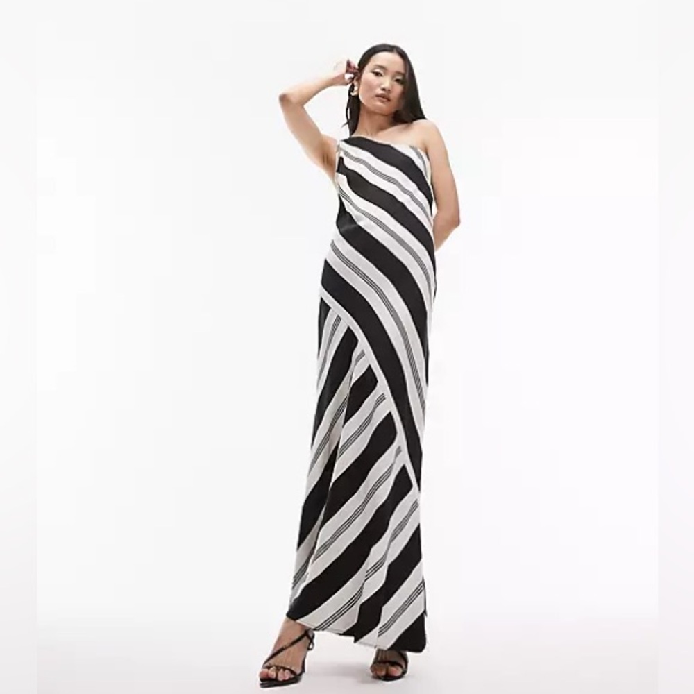 topshop black and white stripe one shoulder maxi dress - never worn size 4